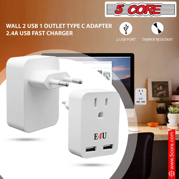 European Travel Plug Adapter W 2 USB-Ports Universal Adopter For International Power Outlet