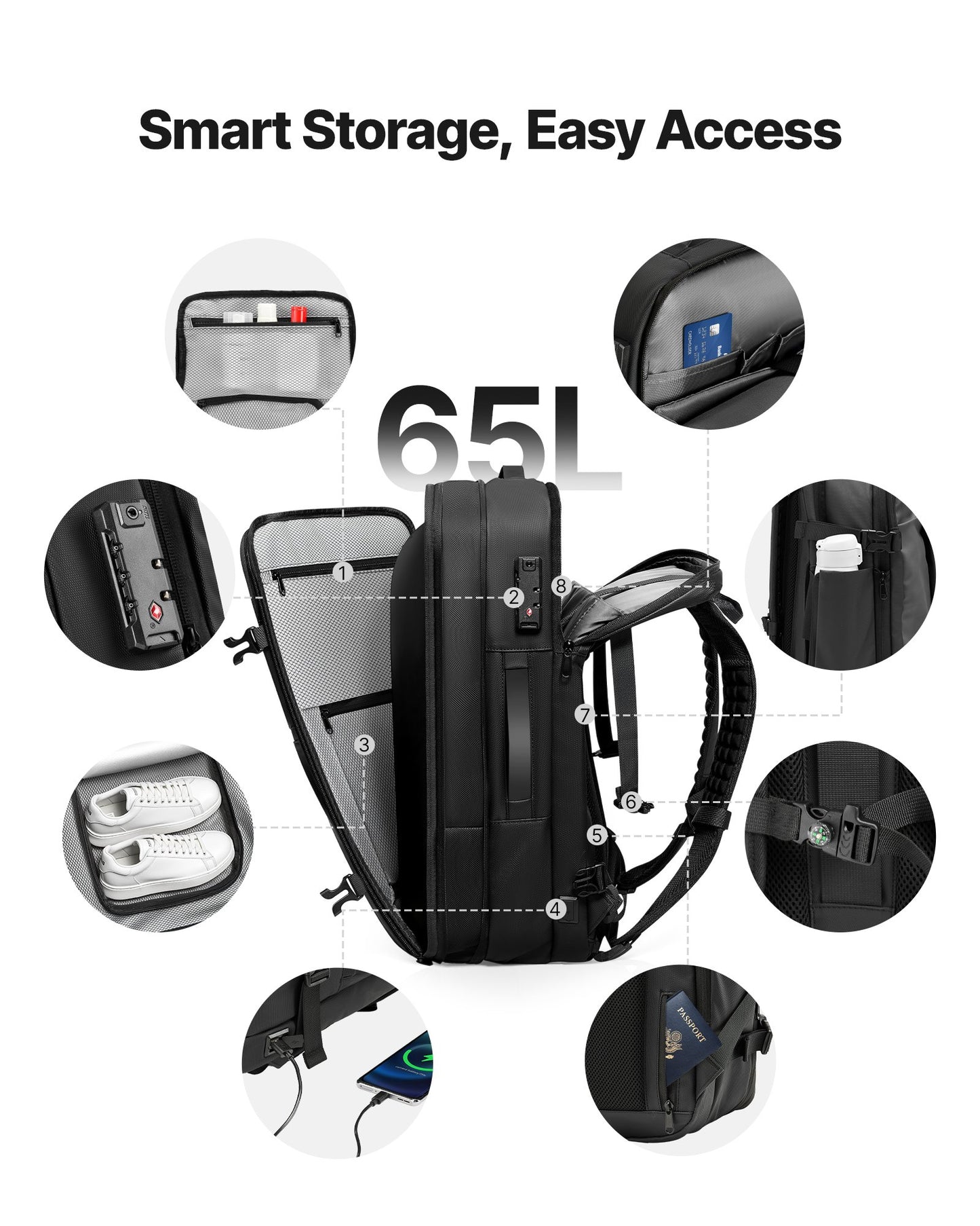 Vacuum Travel Backpack, 65L, Expandable Vacuum Seal Compression Travel Backpack With Pump, With TSA-Approved Lock, Airback Vacpack, Water-Resistant Carry-On Suitcase Luggage, For Business, Gray