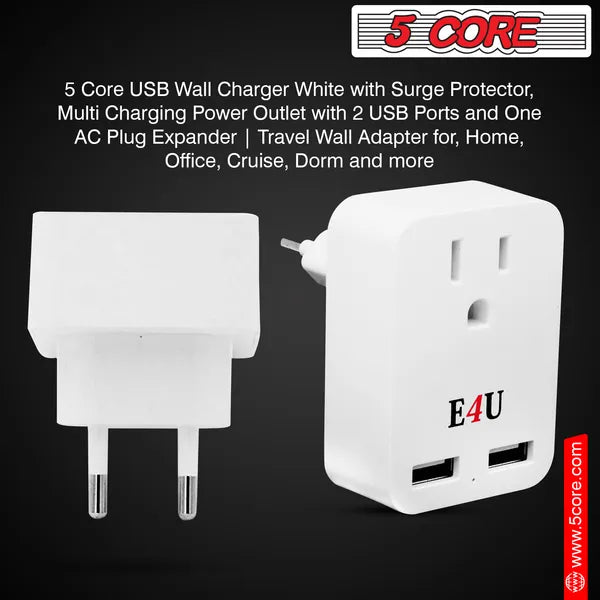 European Travel Plug Adapter W 2 USB-Ports Universal Adopter For International Power Outlet