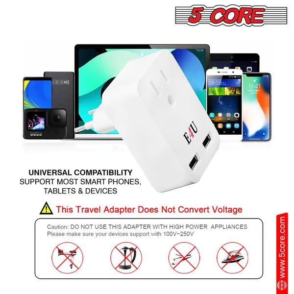 European Travel Plug Adapter W 2 USB-Ports Universal Adopter For International Power Outlet